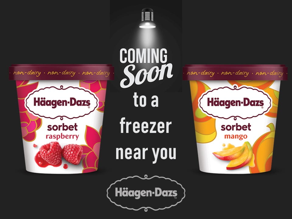 NOW AVAILABLE in a freezer near you…Haagen-Dazs Raspberry and Mango Sorbet
