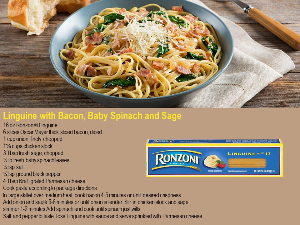 Ronzoni linguine with bacon baby spinach and sage